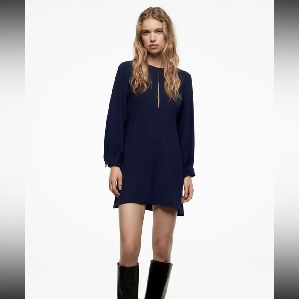🆕 ZARA DRESS SIZE M NAVY BLUE RHINESTONE TRIM